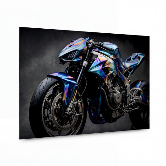 Obraz Duhový chromový superbike v temnotě — kovový obraz na hliníkovém panelu s vysokým leskem