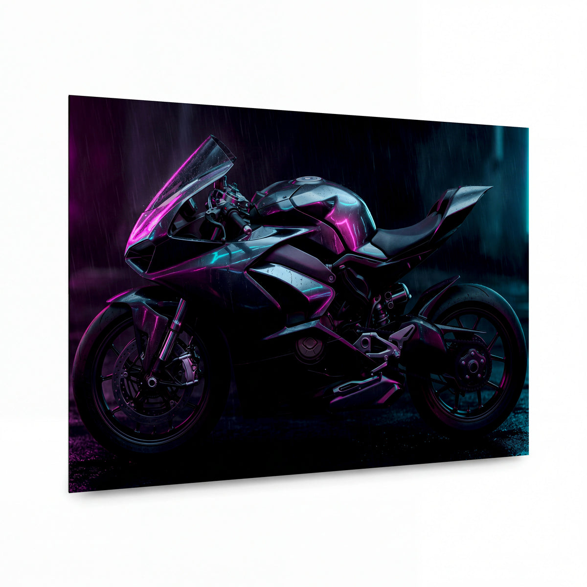 Obraz Superbike v neonové bouři — kovový obraz na hliníkovém panelu s vysokým leskem