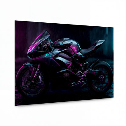 Obraz Superbike v neonové bouři — kovový obraz na hliníkovém panelu s vysokým leskem