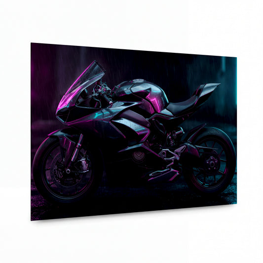 Obraz Superbike v neonové bouři — kovový obraz na hliníkovém panelu s vysokým leskem