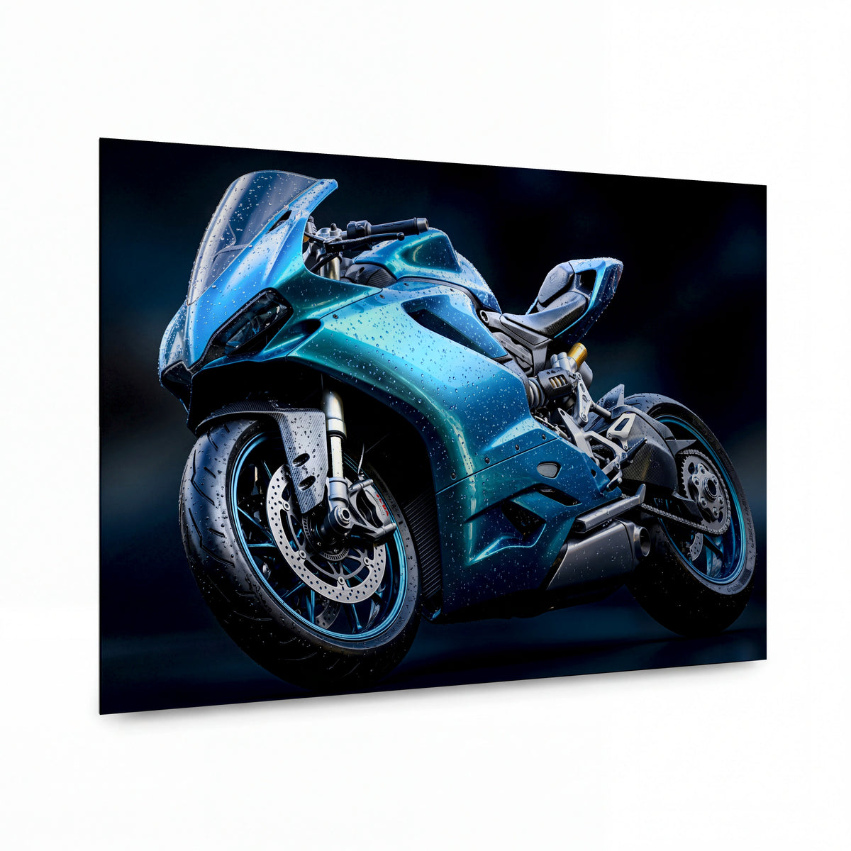Obraz Zrcadlový superbike pod křišťálovými kapkami deště — kovový obraz na hliníkovém panelu s vysokým leskem