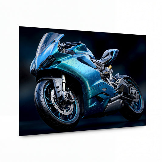 Obraz Zrcadlový superbike pod křišťálovými kapkami deště — kovový obraz na hliníkovém panelu s vysokým leskem