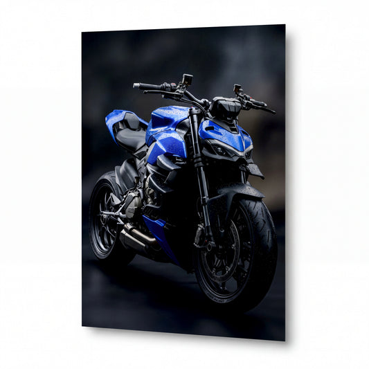 Obraz Dravý elektrický naked bike s kapkami deště — kovový obraz na hliníkovém panelu s vysokým leskem