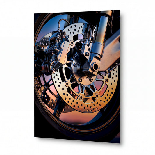 Obraz Západní slunce v brzdových kotoučích — kovový obraz na hliníkovém panelu s vysokým leskem