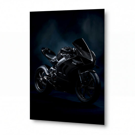 Obraz Černý superbike v mlžném šeru — kovový obraz na hliníkovém panelu s vysokým leskem