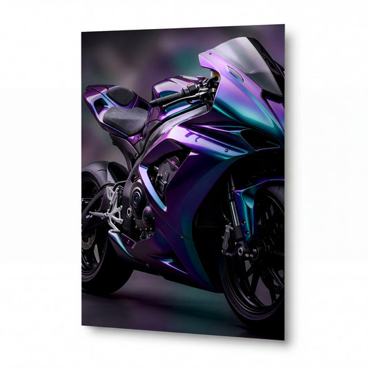 Obraz Superbike v chromatickém fialovém lesku — kovový obraz na hliníkovém panelu s vysokým leskem
