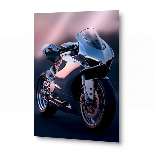 Obraz Futuristický superbike v růžovém soumraku — kovový obraz na hliníkovém panelu s vysokým leskem