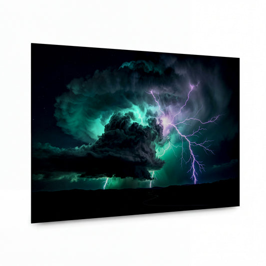 Obraz Bouřkový mrak s fialovými blesky nad krajinou — kovový obraz na hliníkovém panelu s vysokým leskem