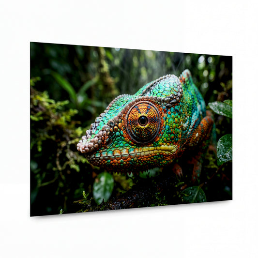 Obraz Chameleon s tyrkysovým šupinami v deštném pralese — hliníkový obraz s vysokým leskem
