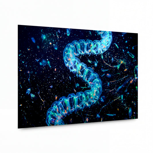 Obraz Zářící dvojřetězec genetického kódu v bioluminiscenčním moři — kovový obraz na hliníkovém panelu s vysokým leskem