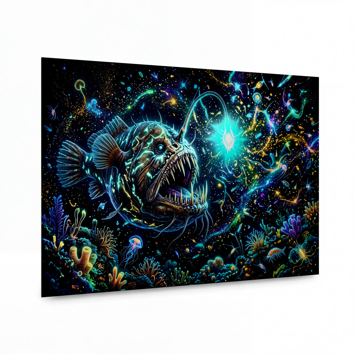 Obraz Svítící dravec z temných hlubin — kovový obraz na hliníkovém panelu s vysokým leskem