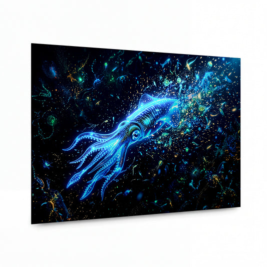 Obraz Svítící chobotnice v bioluminiscenční galaxii — kovový obraz na hliníkovém panelu s vysokým leskem