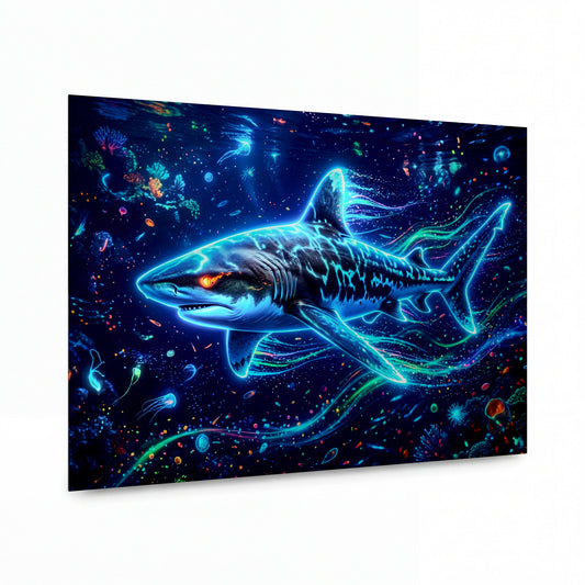 Obraz Žralok v bioluminiscentním oceánu — kovový obraz na hliníkovém panelu s vysokým leskem