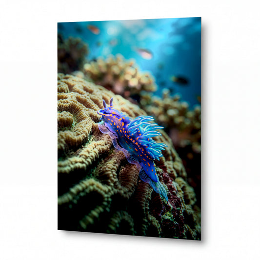 Obraz Modrý nudibranch na zlatém korálové zahradě — kovový obraz na hliníkovém panelu s vysokým leskem
