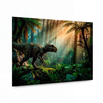 Obraz Tyrannosaurus v jantarové mlze svítání — kovový obraz na hliníkovém panelu s vysokým leskem