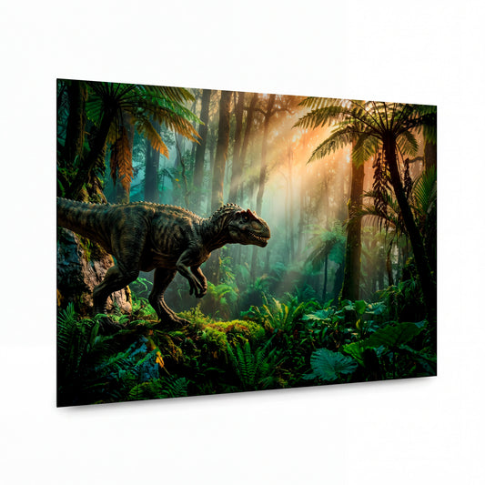 Obraz Tyrannosaurus v jantarové mlze svítání — kovový obraz na hliníkovém panelu s vysokým leskem