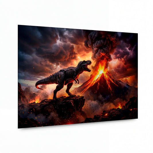 Obraz Tyrannosaurus rex v ohnivém inferu sopky — kovový obraz na hliníkovém panelu s vysokým leskem