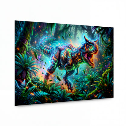 Obraz Duhový tyranosaurus v pralesní mlze — kovový obraz na hliníkovém panelu s vysokým leskem