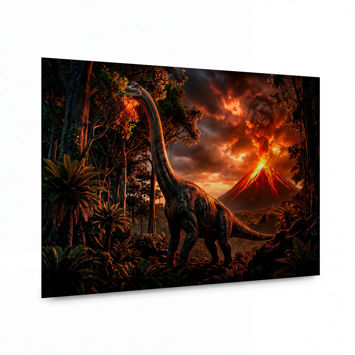 Obraz Brachiosaurus v ohnivém objetí sopky — kovový obraz na hliníkovém panelu s vysokým leskem