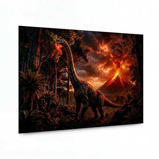 Obraz Brachiosaurus v ohnivém objetí sopky — kovový obraz na hliníkovém panelu s vysokým leskem
