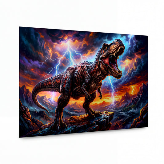 Obraz Tyranosaurus v bouři hněvu — kovový obraz na hliníkovém panelu s vysokým leskem