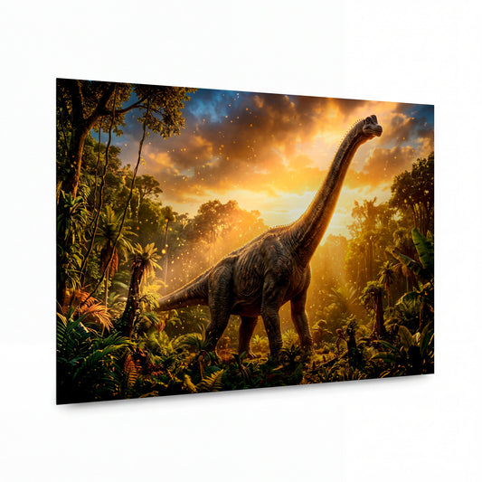 Obraz Brachiosaurus v záři pravěkého úsvitu — kovový obraz na hliníkovém panelu s vysokým leskem