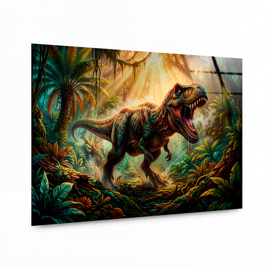 Obraz Tyrannosaurus v ranním pralese — kovový obraz na hliníkovém panelu s vysokým leskem