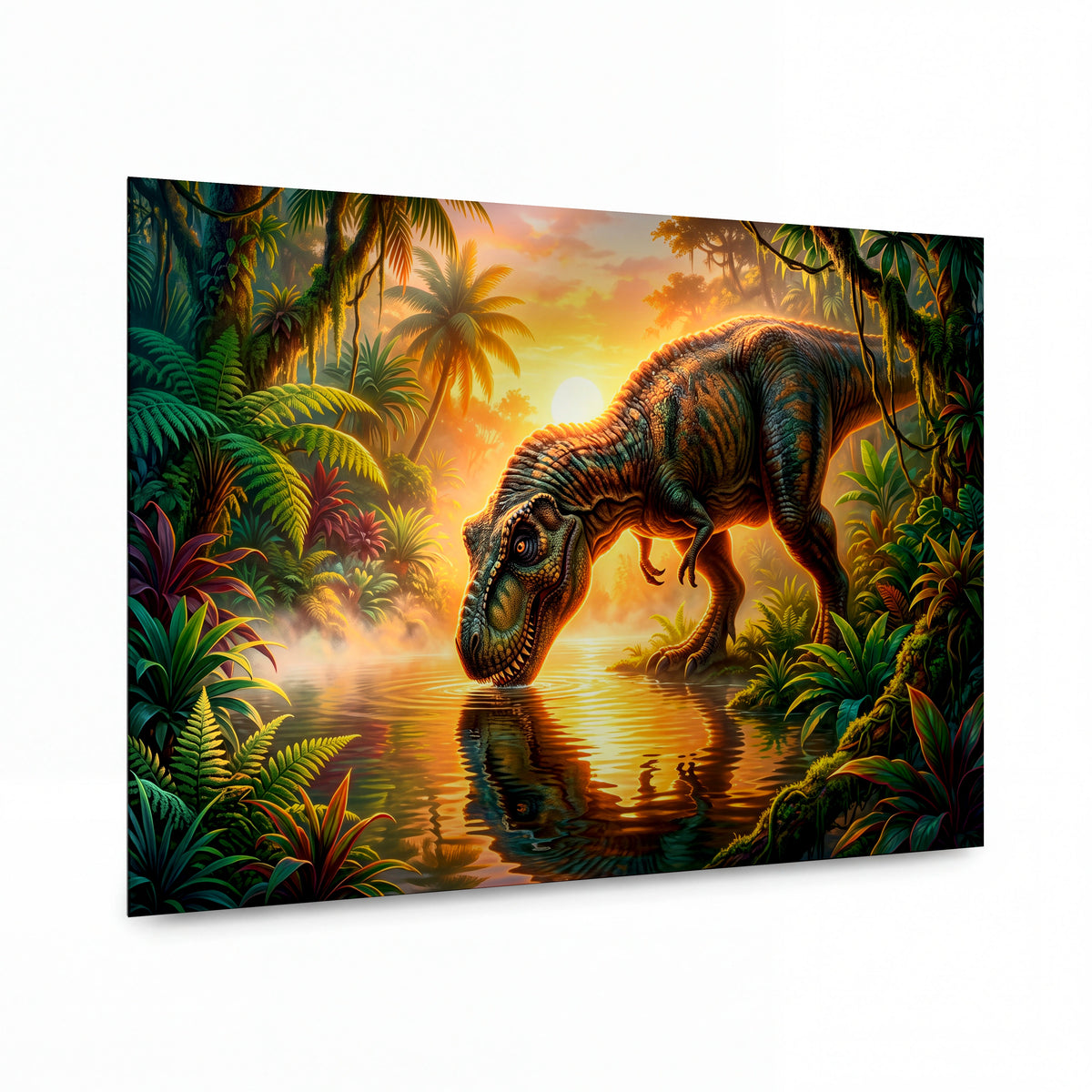 Obraz Tyranosaurus v džungli při východu slunce — kovový obraz na hliníkovém panelu s vysokým leskem