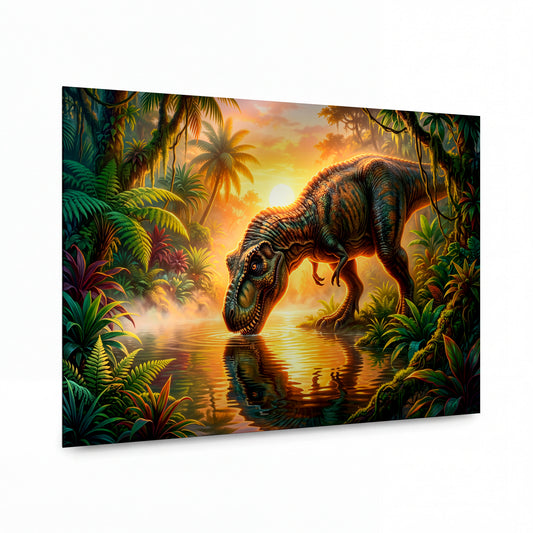 Obraz Tyranosaurus v džungli při východu slunce — kovový obraz na hliníkovém panelu s vysokým leskem