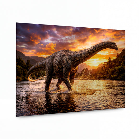 Obraz Brachiosaurus brodící se při západu slunce — kovový obraz na hliníkovém panelu s vysokým leskem