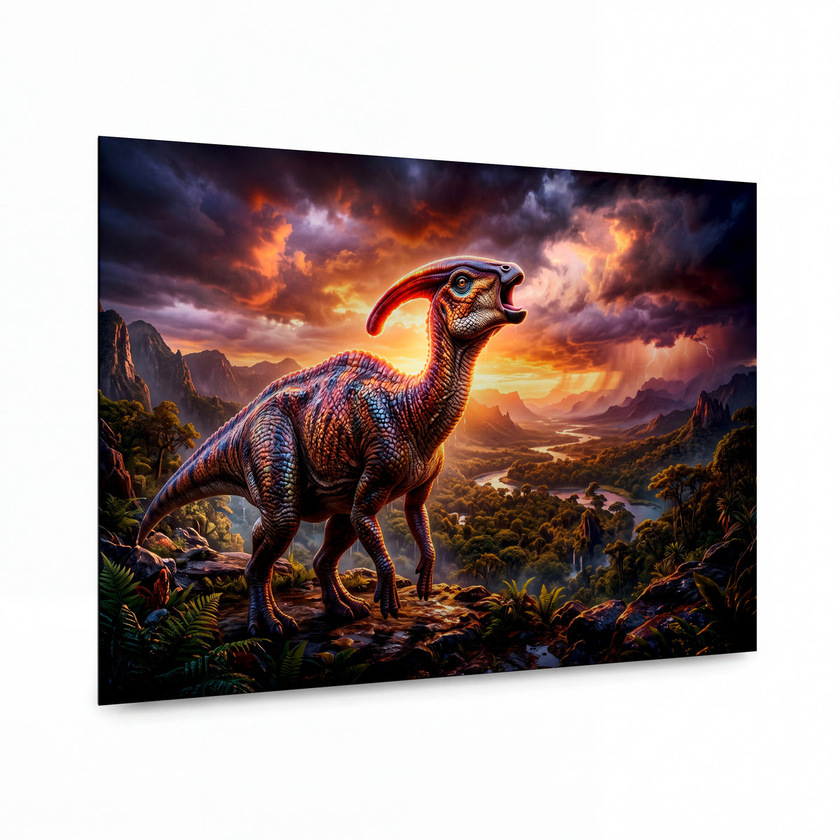 Obraz Parasaurolophus v bouřlivém západu slunce — kovový obraz na hliníkovém panelu s vysokým leskem