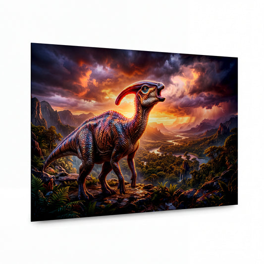 Obraz Parasaurolophus v bouřlivém západu slunce — kovový obraz na hliníkovém panelu s vysokým leskem