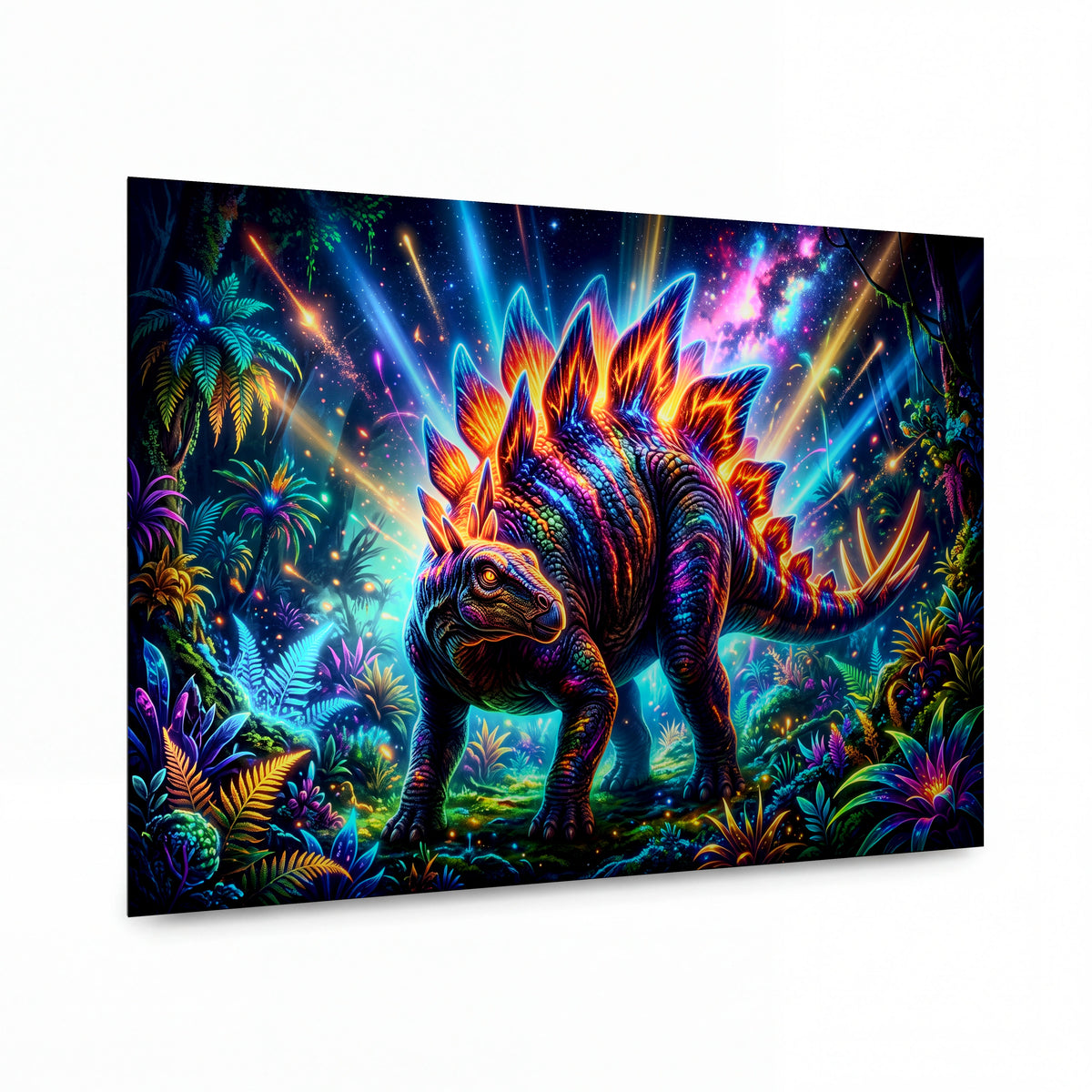Obraz Duhový stegosaurus v zářivé džungli — kovový obraz na hliníkovém panelu s vysokým leskem