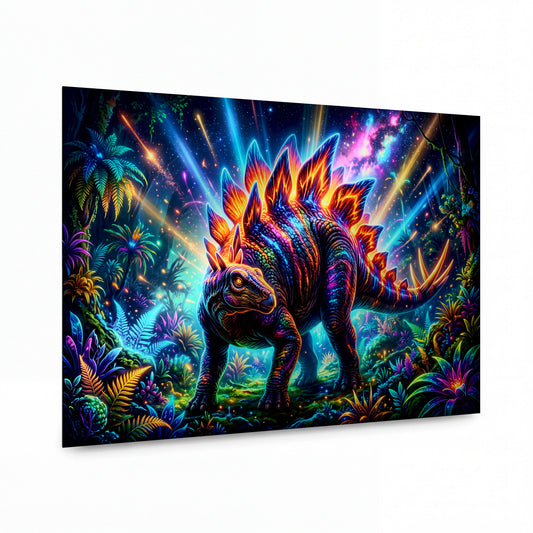 Obraz Duhový stegosaurus v zářivé džungli — kovový obraz na hliníkovém panelu s vysokým leskem
