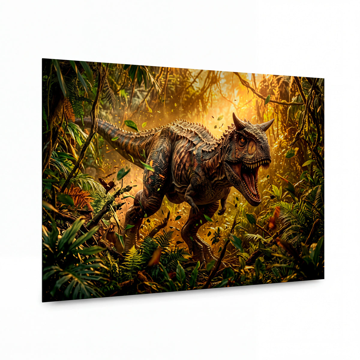 Obraz Carnotaurus v pralese zlatého svitu — kovový obraz na hliníkovém panelu s vysokým leskem