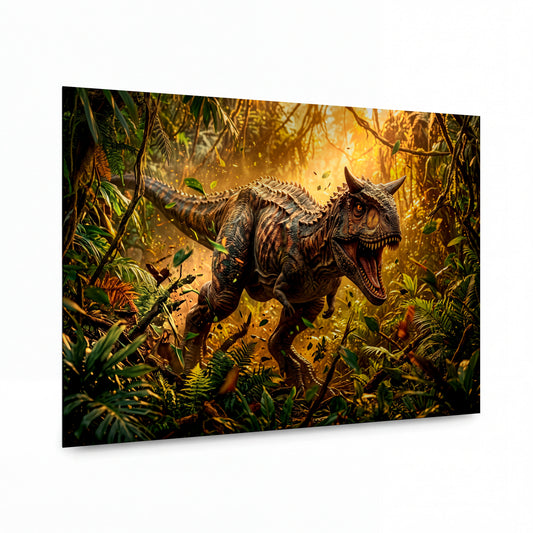 Obraz Carnotaurus v pralese zlatého svitu — kovový obraz na hliníkovém panelu s vysokým leskem
