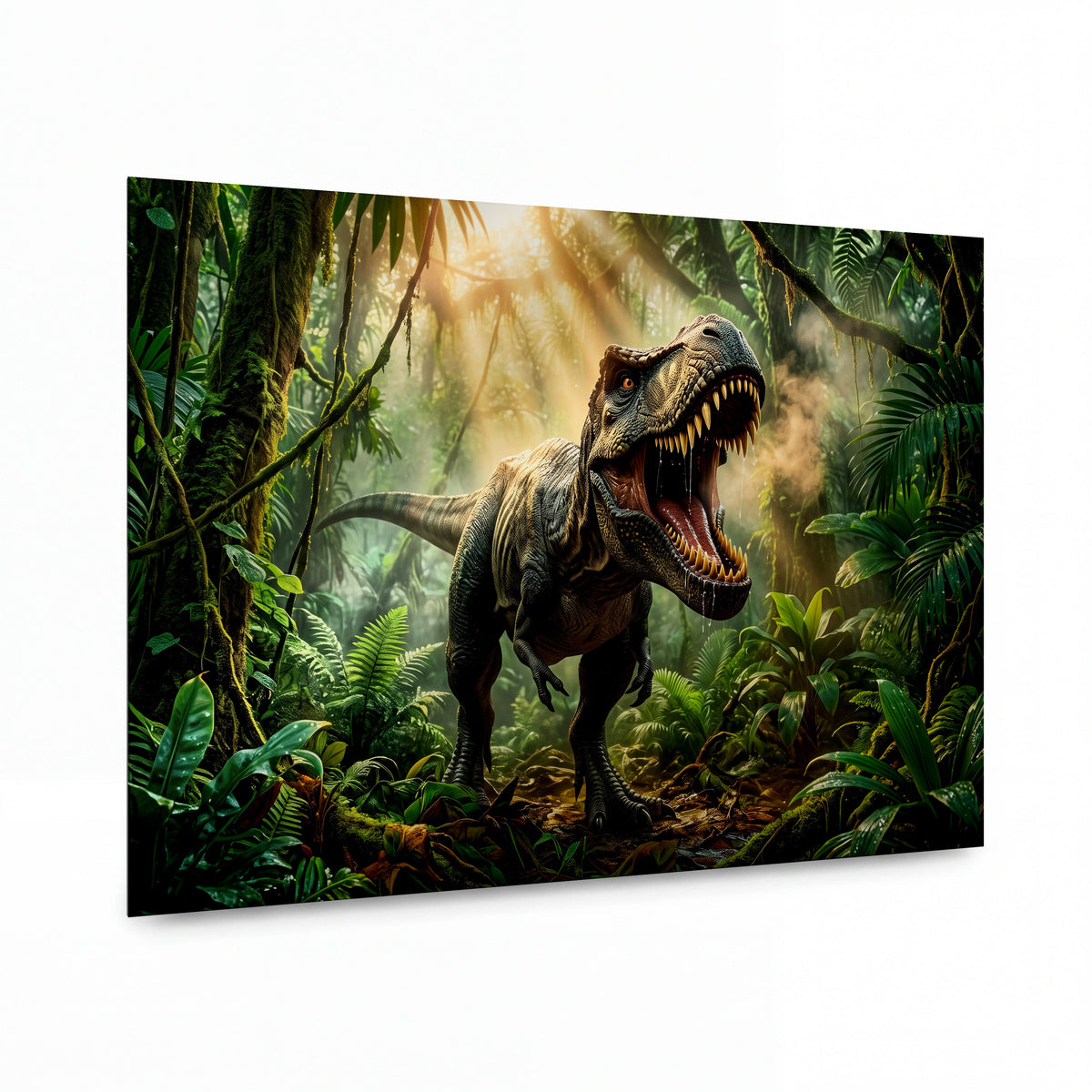 Obraz Řvoucí tyranosaurus v pralesní mlze — kovový obraz na hliníkovém panelu s vysokým leskem