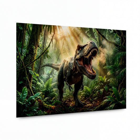 Obraz Řvoucí tyranosaurus v pralesní mlze — kovový obraz na hliníkovém panelu s vysokým leskem