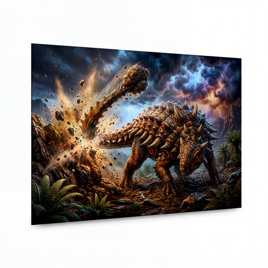 Obraz Obrněný ankylosaur v bouřkovém úderu — kovový obraz na hliníkovém panelu s vysokým leskem
