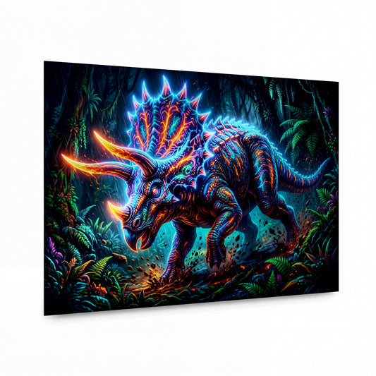 Obraz Neonový triceratops v džungli — kovový obraz na hliníkovém panelu s vysokým leskem