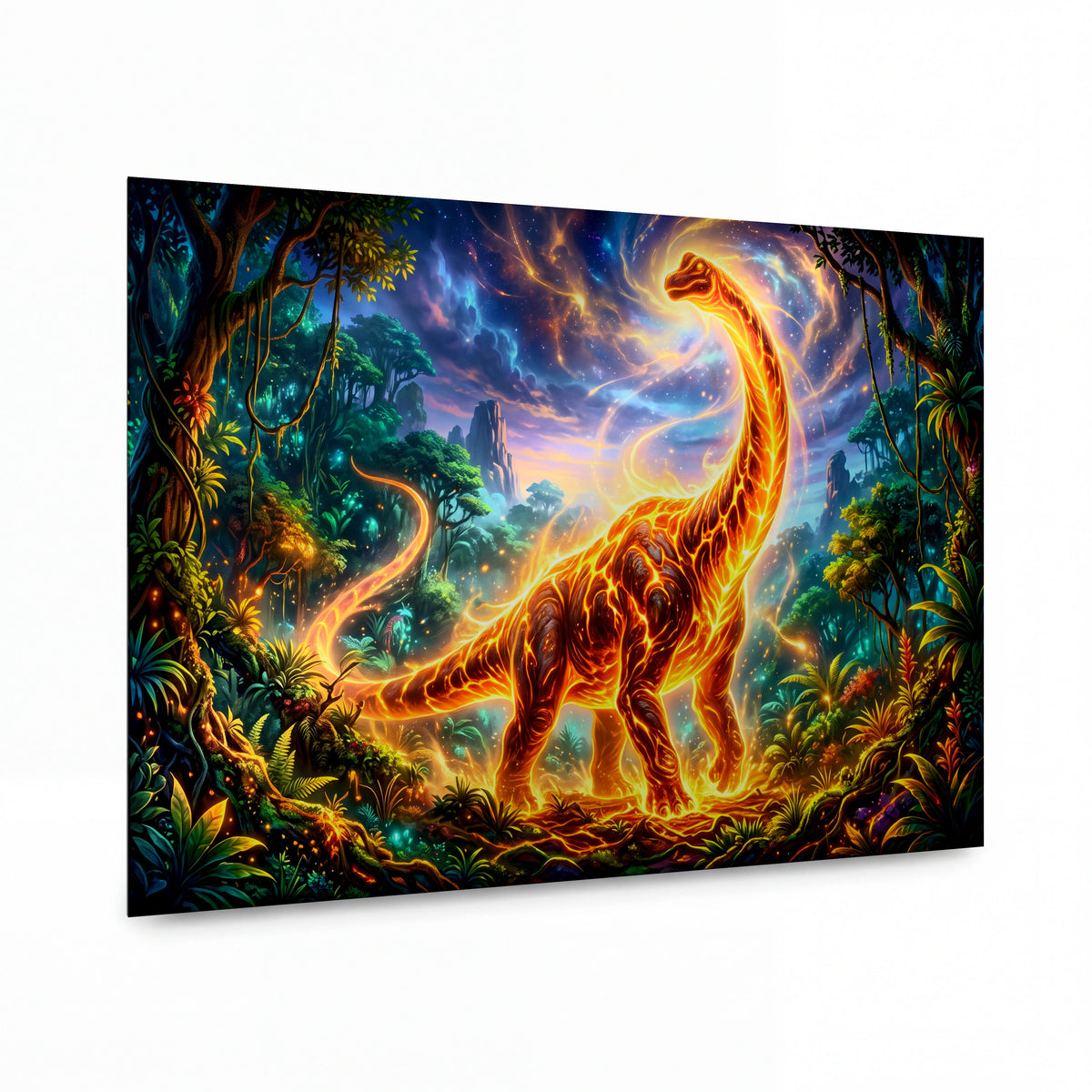 Obraz Ohnivý brachiosaurus v pravěké džungli — kovový obraz na hliníkovém panelu s vysokým leskem