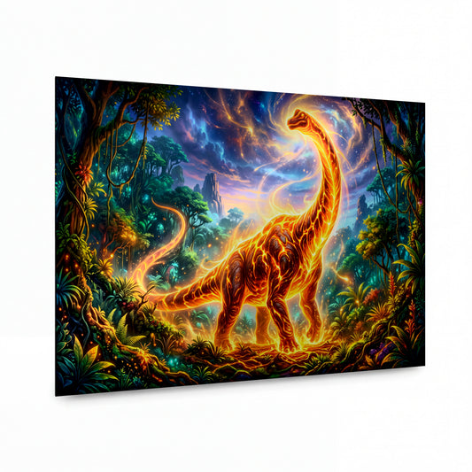 Obraz Ohnivý brachiosaurus v pravěké džungli — kovový obraz na hliníkovém panelu s vysokým leskem