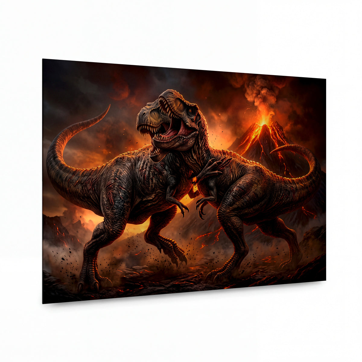 Obraz Tyranosaurus Rex v erupcích sopek — kovový obraz na hliníkovém panelu s vysokým leskem