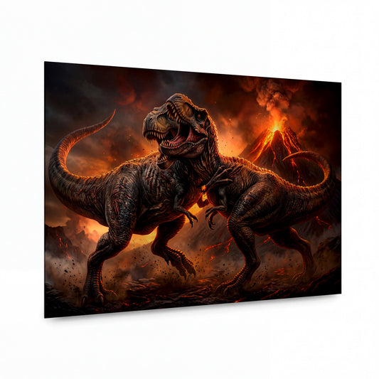 Obraz Tyranosaurus Rex v erupcích sopek — kovový obraz na hliníkovém panelu s vysokým leskem