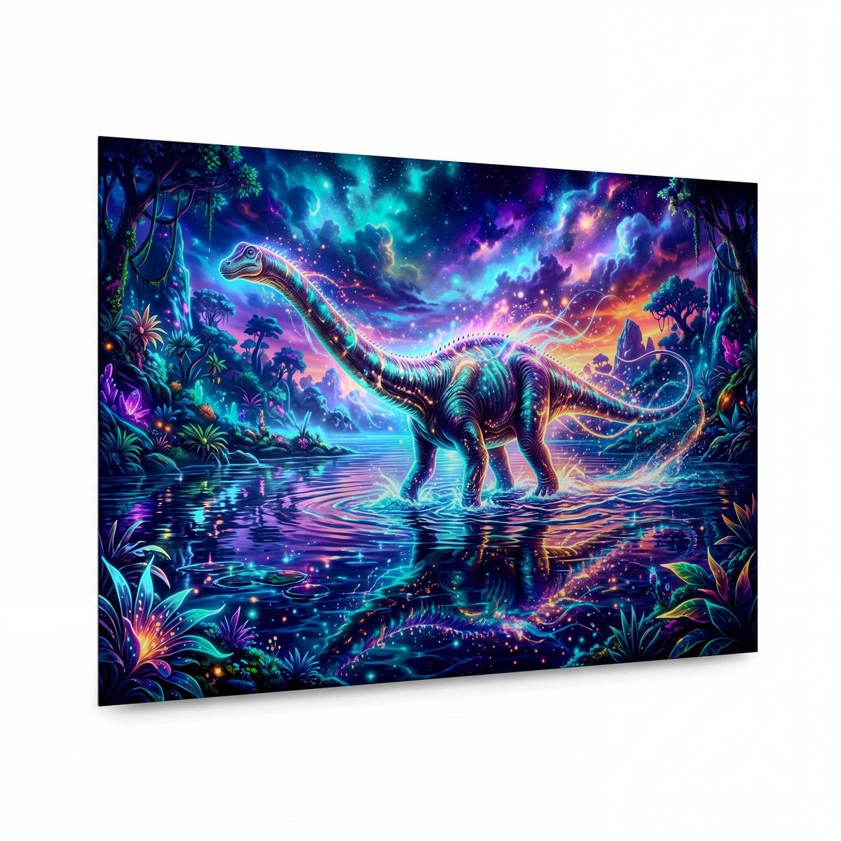 Obraz Zářící brontosaurus v kouzelné lagóně — kovový obraz na hliníkovém panelu s vysokým leskem