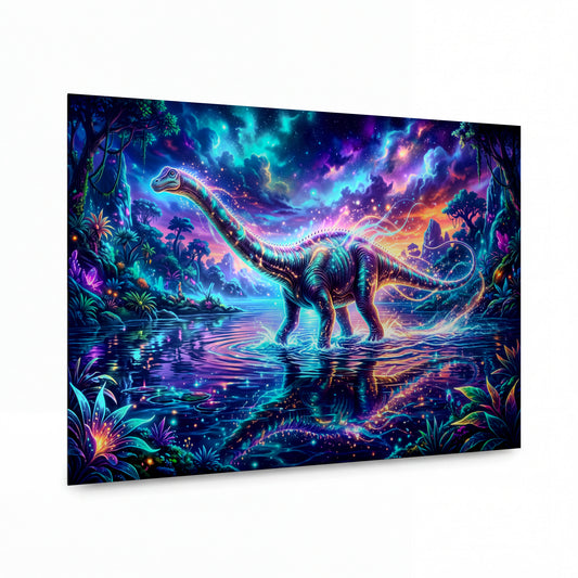 Obraz Zářící brontosaurus v kouzelné lagóně — kovový obraz na hliníkovém panelu s vysokým leskem
