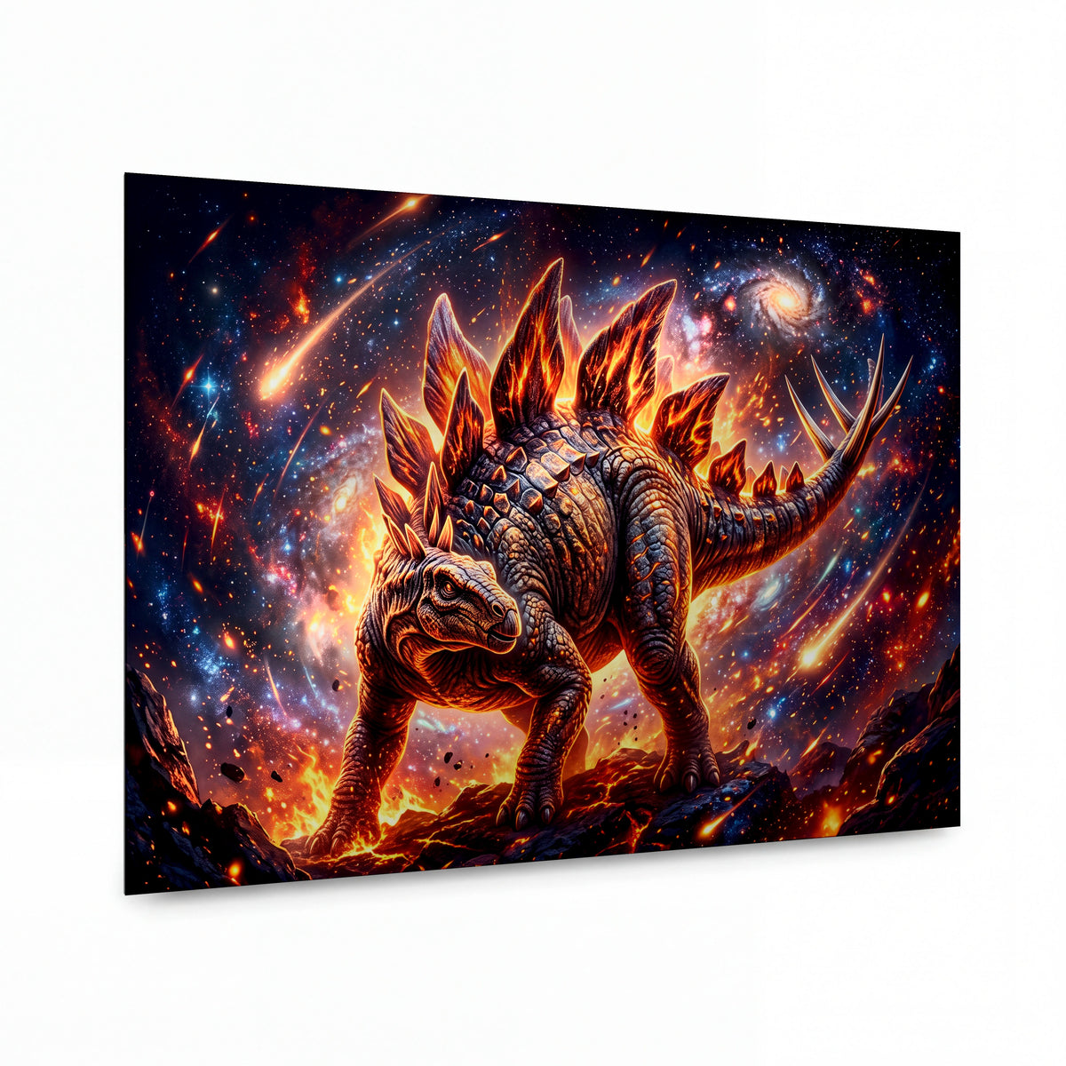 Obraz Stegosaurus v ohnivém vesmírném víru — kovový obraz na hliníkovém panelu s vysokým leskem