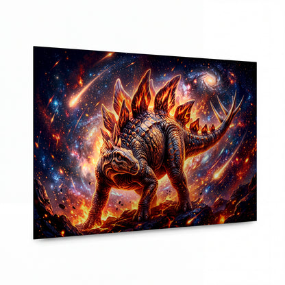 Obraz Stegosaurus v ohnivém vesmírném víru — kovový obraz na hliníkovém panelu s vysokým leskem
