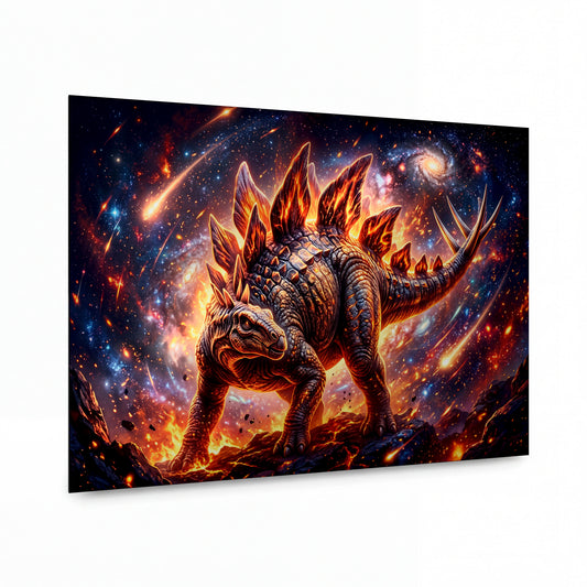Obraz Stegosaurus v ohnivém vesmírném víru — kovový obraz na hliníkovém panelu s vysokým leskem