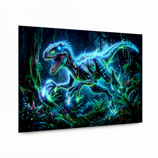 Obraz Velociraptor v bioluminiscentním pralese — kovový obraz na hliníkovém panelu s vysokým leskem